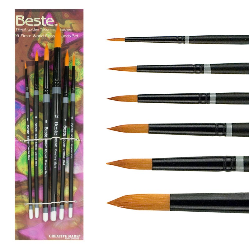Creative Mark Beste Golden Taklon Assorted Round Set of 6 Artist Brush, Professional Watercolor Brushes, for Acrylic Painting, Short Handle, Sharp Edges, Hand-Tied & Shaped - Image 1